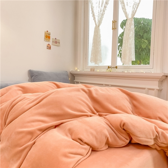 91家纺网 家纺一手货源 找家纺 棉眠 2021新款秋冬纯色牛奶绒四件套 珊瑚粉+雾霾蓝
