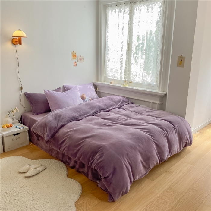 91家纺网 家纺一手货源 找家纺 棉眠 2021新款秋冬纯色牛奶绒四件套 深紫+浅紫