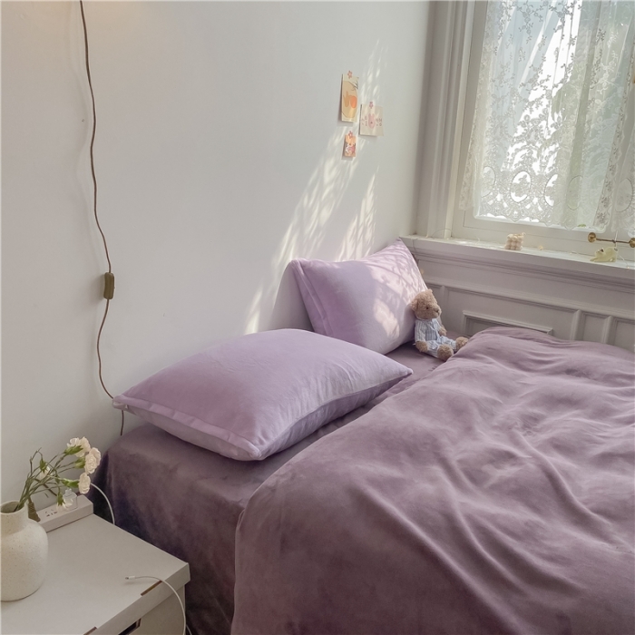 91家纺网 家纺一手货源 找家纺 棉眠 2021新款秋冬纯色牛奶绒四件套 深紫+浅紫