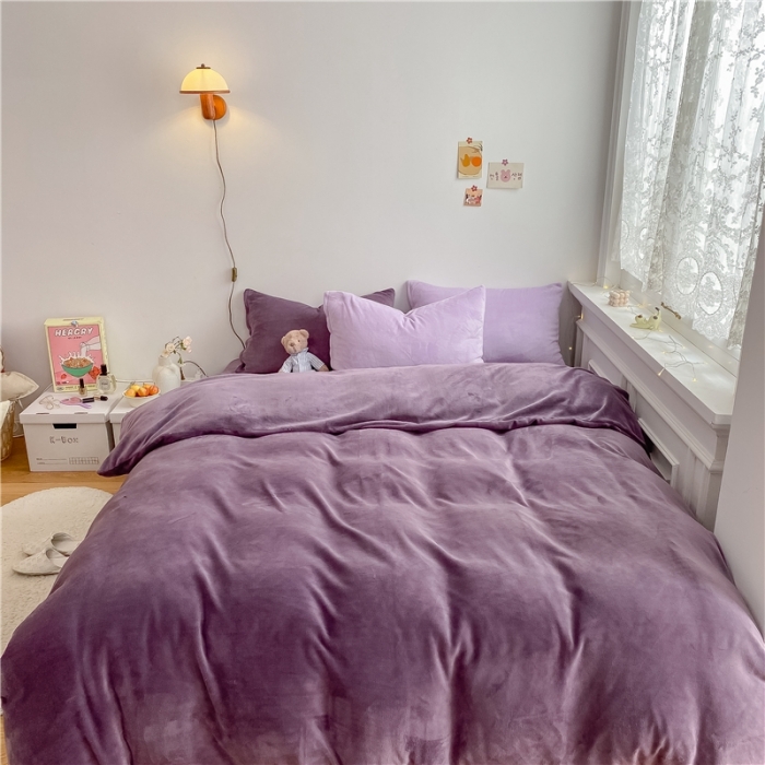91家纺网 家纺一手货源 找家纺 棉眠 2021新款秋冬纯色牛奶绒四件套 深紫+浅紫