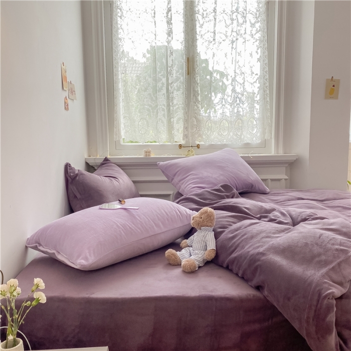 91家纺网 家纺一手货源 找家纺 棉眠 2021新款秋冬纯色牛奶绒四件套 深紫+浅紫