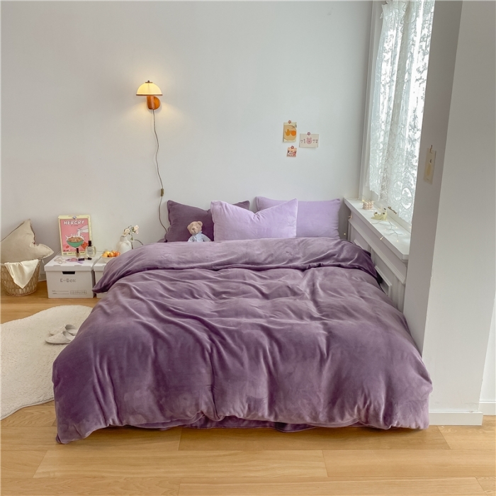 91家纺网 家纺一手货源 找家纺 棉眠 2021新款秋冬纯色牛奶绒四件套 深紫+浅紫