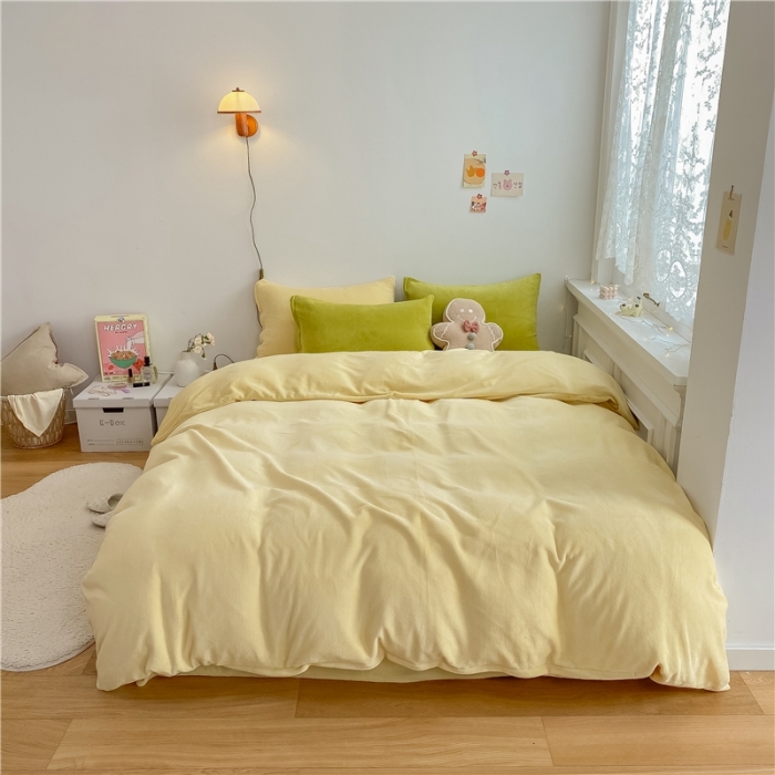 91家纺网 家纺一手货源 找家纺 棉眠 2021新款秋冬纯色牛奶绒四件套 小鸡黄+牛油果绿