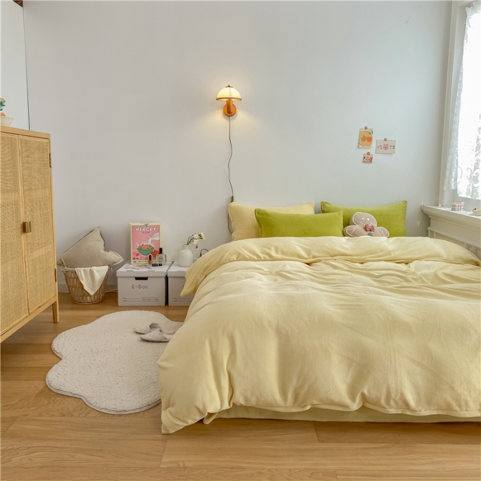 91家纺网 家纺一手货源 找家纺 棉眠 2021新款秋冬纯色牛奶绒四件套 小鸡黄+牛油果绿