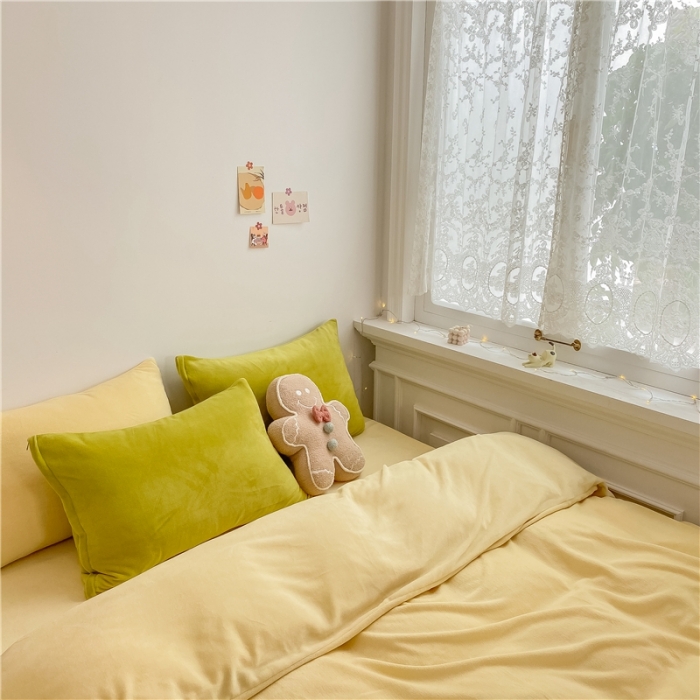 91家纺网 家纺一手货源 找家纺 棉眠 2021新款秋冬纯色牛奶绒四件套 小鸡黄+牛油果绿