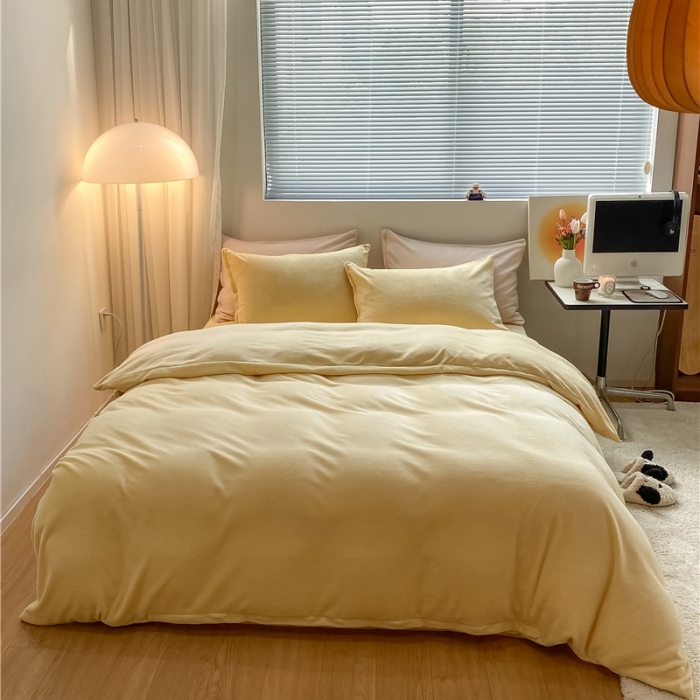 91家纺网 家纺一手货源 找家纺 棉眠 2021新款秋冬纯色牛奶绒四件套 小鸡黄+奶咖