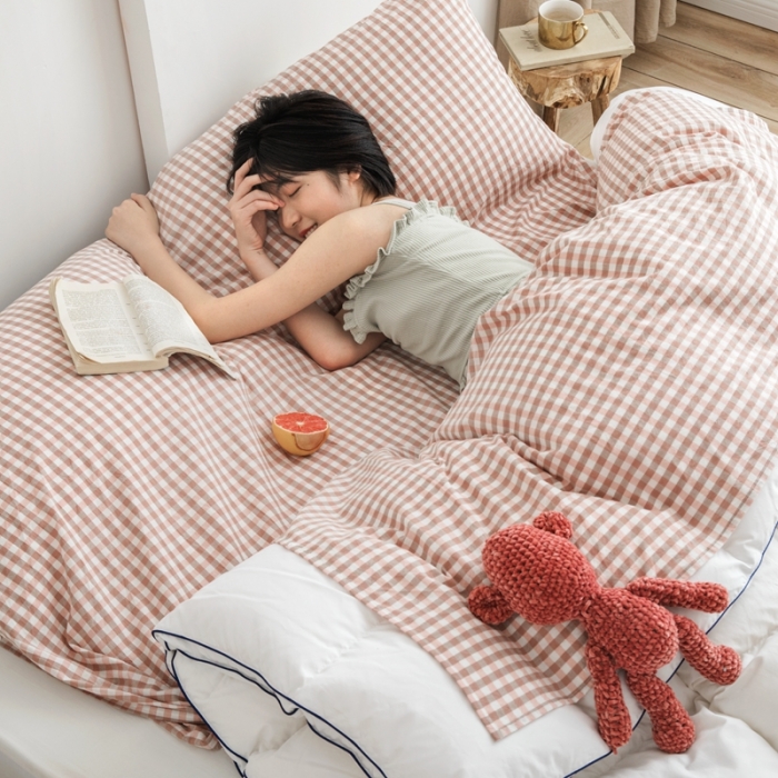 91家纺网 家纺一手货源 找家纺 安莱生活 2021新款全棉水洗棉色织睡袋 粉小格