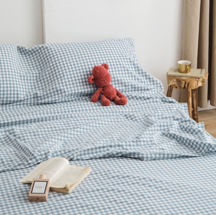 91家纺网 家纺一手货源 找家纺 安莱生活 2021新款全棉水洗棉色织睡袋 浅蓝小格