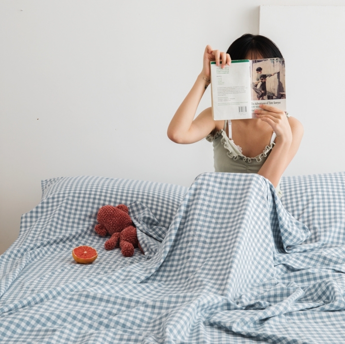 91家纺网 家纺一手货源 找家纺 安莱生活 2021新款全棉水洗棉色织睡袋 浅蓝小格