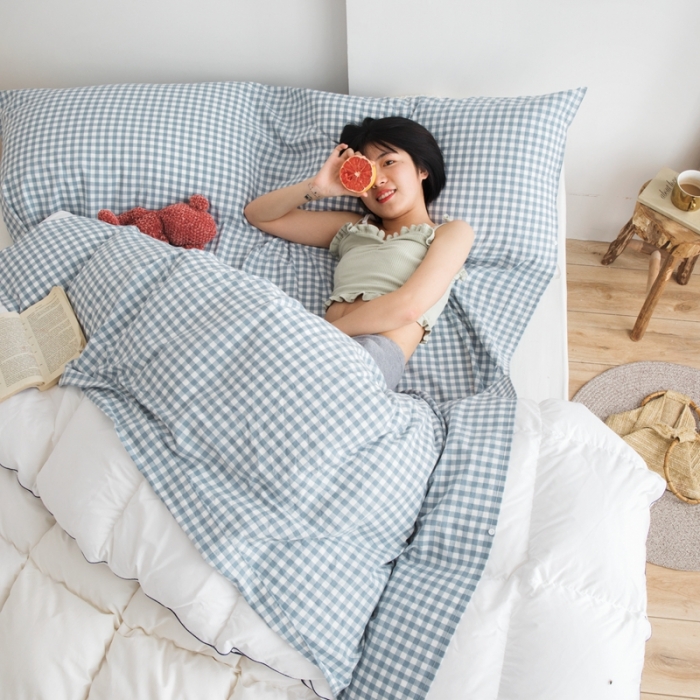 91家纺网 家纺一手货源 找家纺 安莱生活 2021新款全棉水洗棉色织睡袋 浅蓝小格