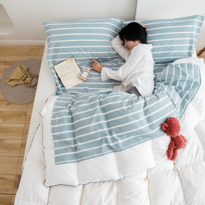 91家纺网 家纺一手货源 找家纺 安莱生活 2021新款全棉水洗棉色织睡袋 水蓝宽条