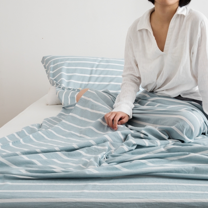 91家纺网 家纺一手货源 找家纺 安莱生活 2021新款全棉水洗棉色织睡袋 水蓝宽条