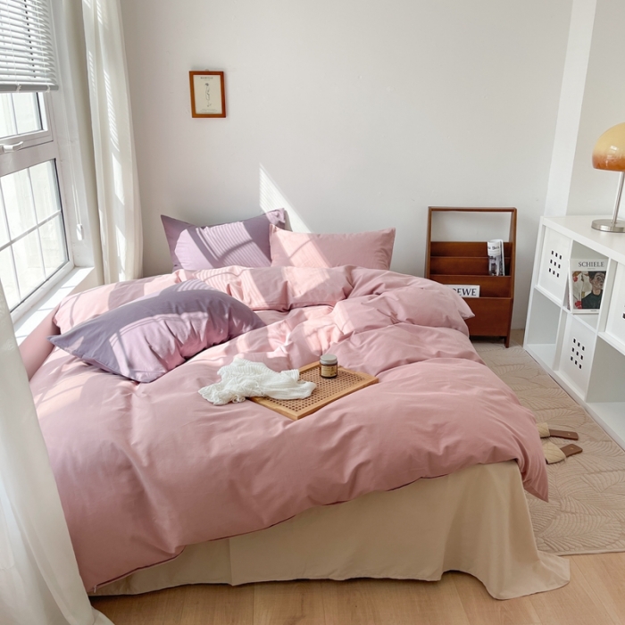 91家纺网 家纺一手货源 找家纺 时年家纺2021新款全棉磨毛纯色混搭四件套 桃桃苏打