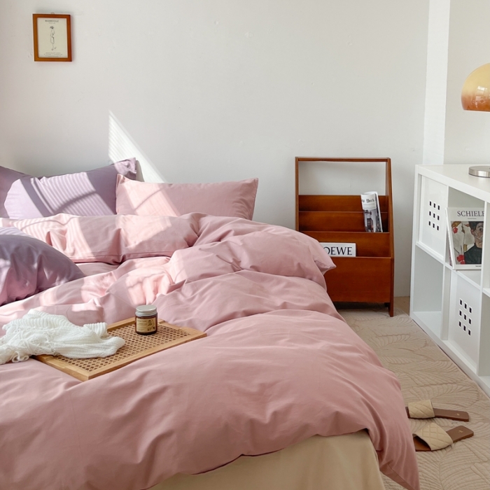 91家纺网 家纺一手货源 找家纺 时年家纺2021新款全棉磨毛纯色混搭四件套 桃桃苏打