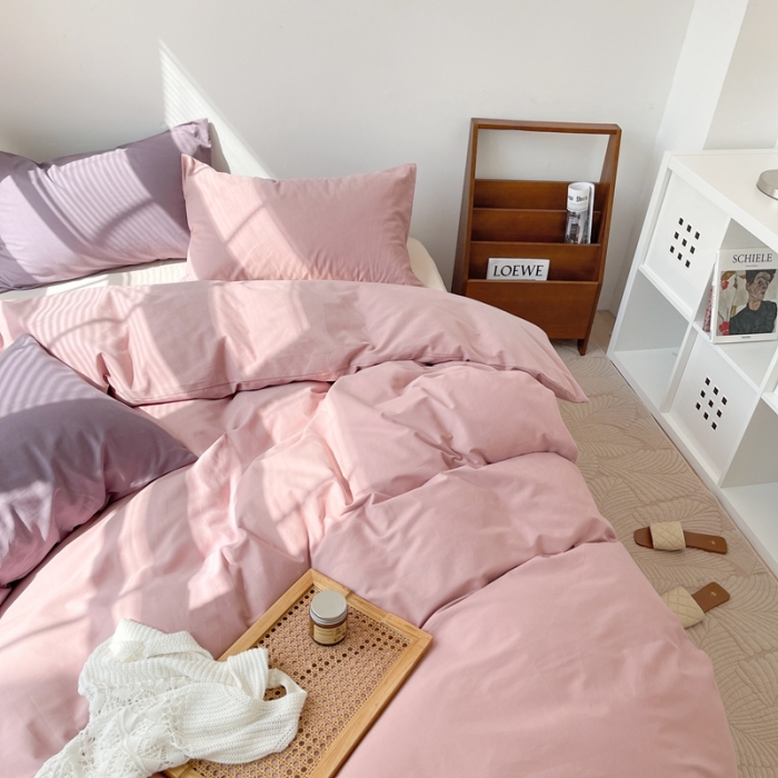 91家纺网 家纺一手货源 找家纺 时年家纺2021新款全棉磨毛纯色混搭四件套 桃桃苏打