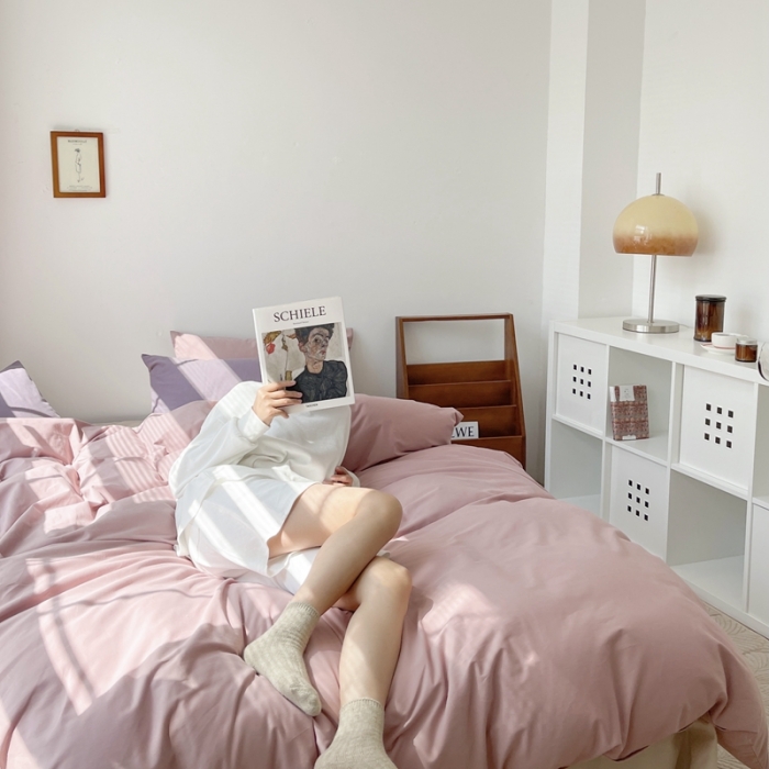 91家纺网 家纺一手货源 找家纺 时年家纺2021新款全棉磨毛纯色混搭四件套 桃桃苏打