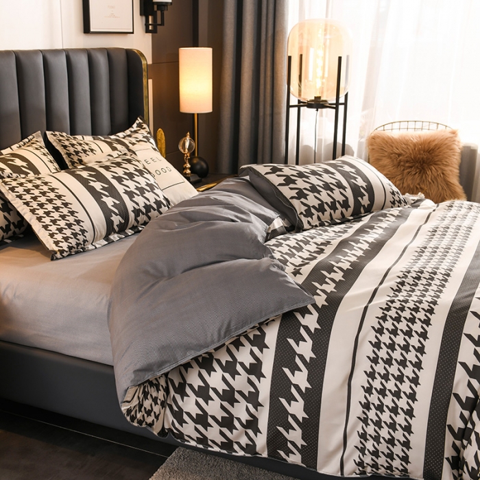 91家纺网 家纺一手货源 找家纺 赫然家纺 新款舒适柔软亲肤爆款芦荟棉四件套货源充足 千鸟格