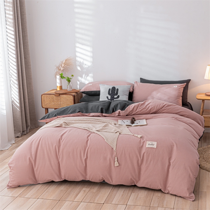 91家纺网 家纺一手货源 找家纺 蓝巢家纺 2021新款全棉色织水洗棉四件套 豆沙深灰