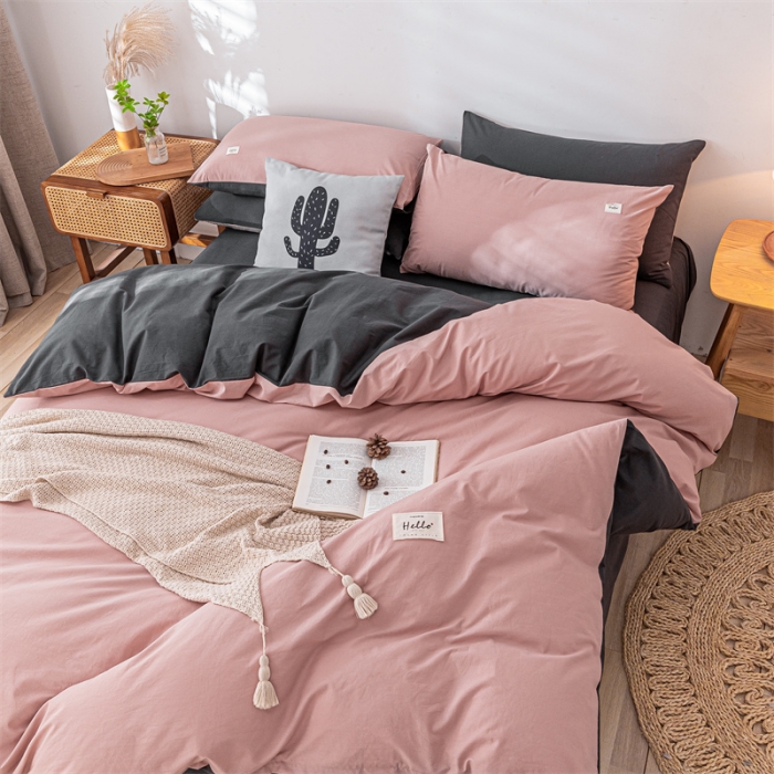 91家纺网 家纺一手货源 找家纺 蓝巢家纺 2021新款全棉色织水洗棉四件套 豆沙深灰