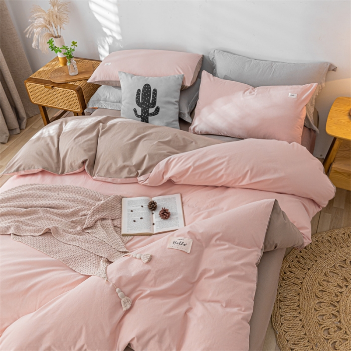 91家纺网 家纺一手货源 找家纺 蓝巢家纺 2021新款全棉色织水洗棉四件套 粉卡其