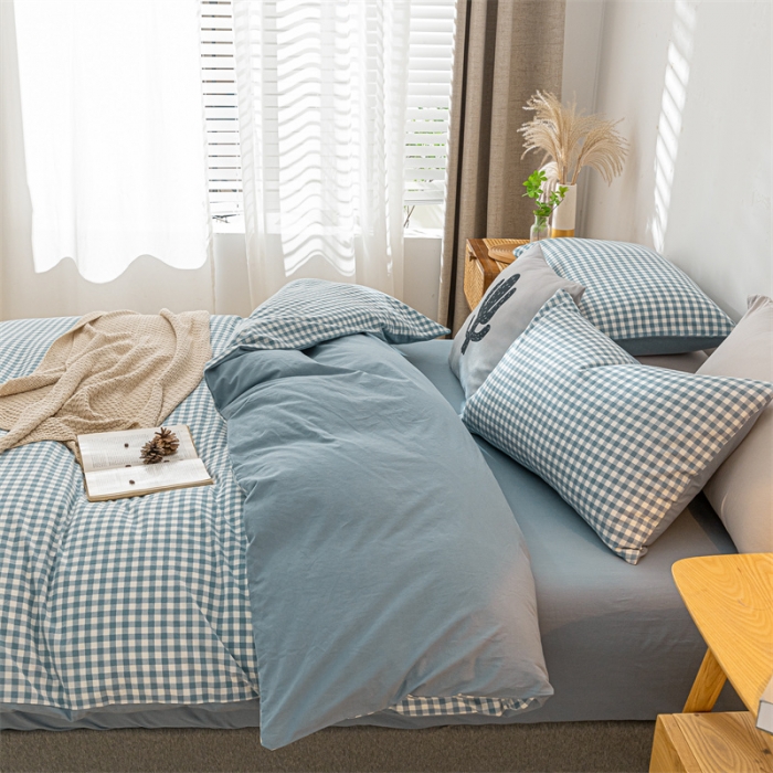 91家纺网 家纺一手货源 找家纺 蓝巢家纺 2021新款全棉色织水洗棉四件套 蓝小格