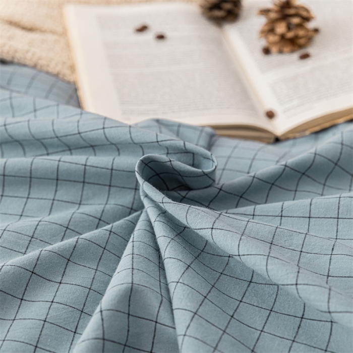 91家纺网 家纺一手货源 找家纺 蓝巢家纺 2021新款全棉色织水洗棉四件套 雾蓝小格