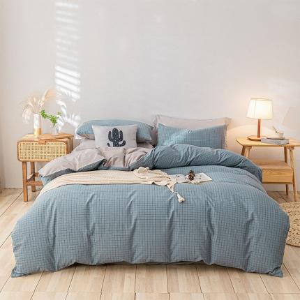 91家纺网 家纺一手货源 找家纺 蓝巢家纺 2021新款全棉色织水洗棉单被套 雾蓝小格