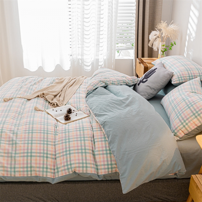 91家纺网 家纺一手货源 找家纺 蓝巢家纺 2021新款全棉色织水洗棉单被套 冰激凌绿