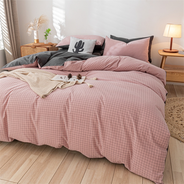 91家纺网 家纺一手货源 找家纺 蓝巢家纺 2021新款全棉色织水洗棉单被套 丁香粉格