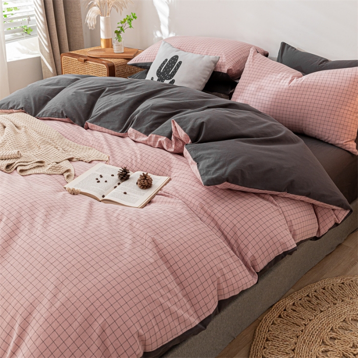 91家纺网 家纺一手货源 找家纺 蓝巢家纺 2021新款全棉色织水洗棉单被套 丁香粉格