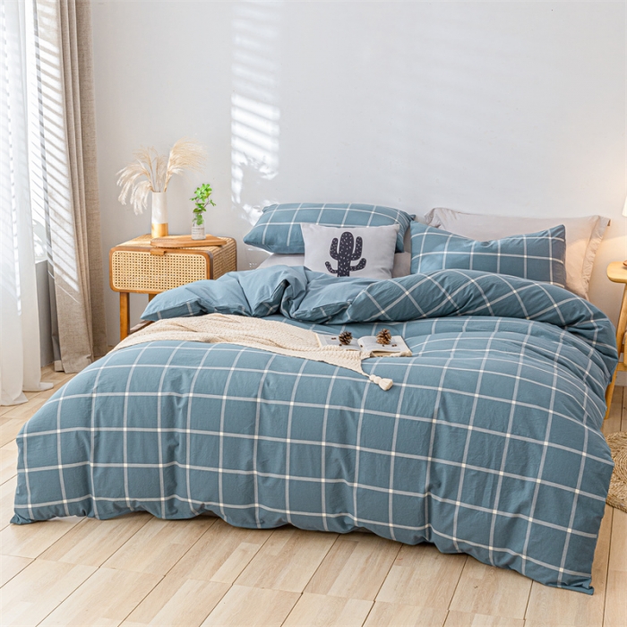 91家纺网 家纺一手货源 找家纺 蓝巢家纺 2021新款全棉色织水洗棉单被套 蓝灰大格