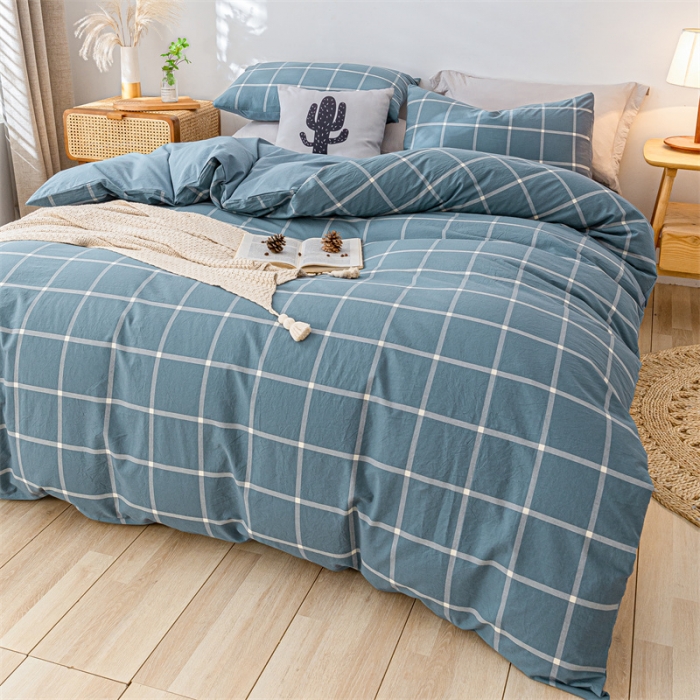 91家纺网 家纺一手货源 找家纺 蓝巢家纺 2021新款全棉色织水洗棉单被套 蓝灰大格