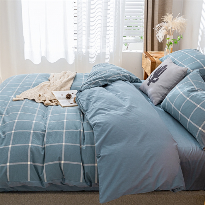 91家纺网 家纺一手货源 找家纺 蓝巢家纺 2021新款全棉色织水洗棉单被套 蓝灰大格
