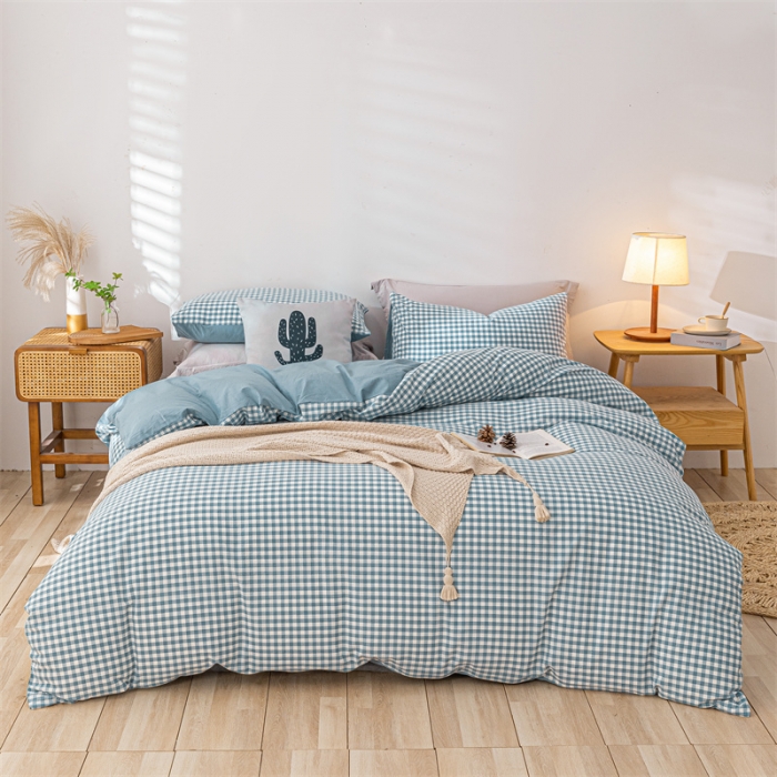 91家纺网 家纺一手货源 找家纺 蓝巢家纺 2021新款全棉色织水洗棉单被套 蓝小格