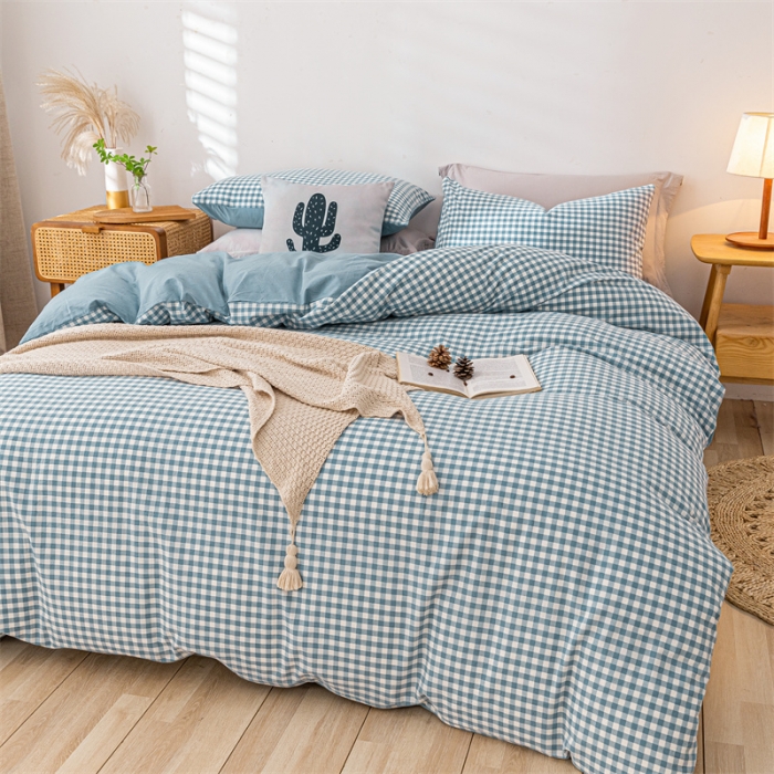 91家纺网 家纺一手货源 找家纺 蓝巢家纺 2021新款全棉色织水洗棉单被套 蓝小格