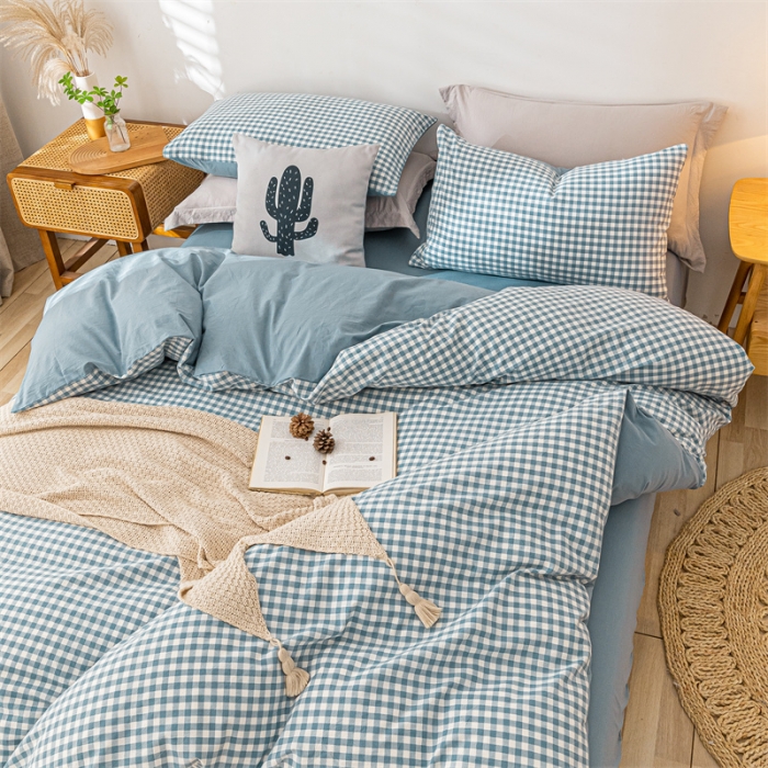 91家纺网 家纺一手货源 找家纺 蓝巢家纺 2021新款全棉色织水洗棉单被套 蓝小格