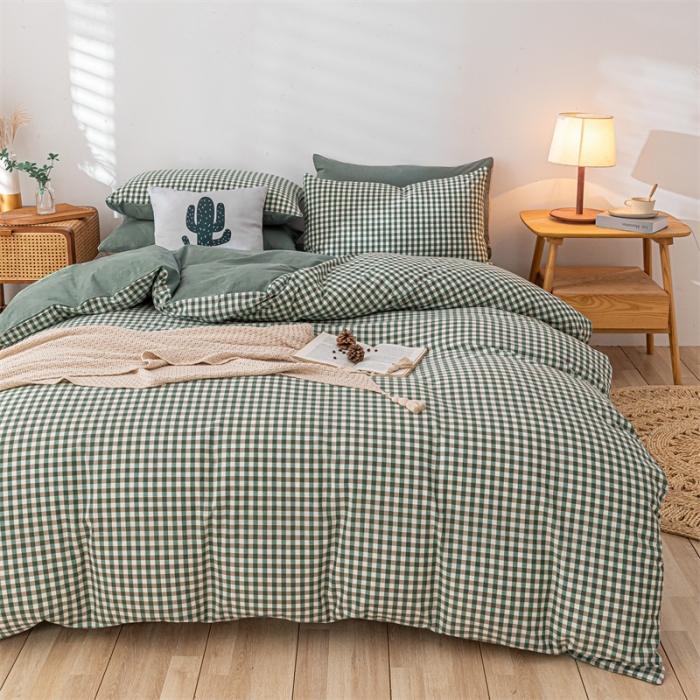 91家纺网 家纺一手货源 找家纺 蓝巢家纺 2021新款全棉色织水洗棉单被套 绿小格
