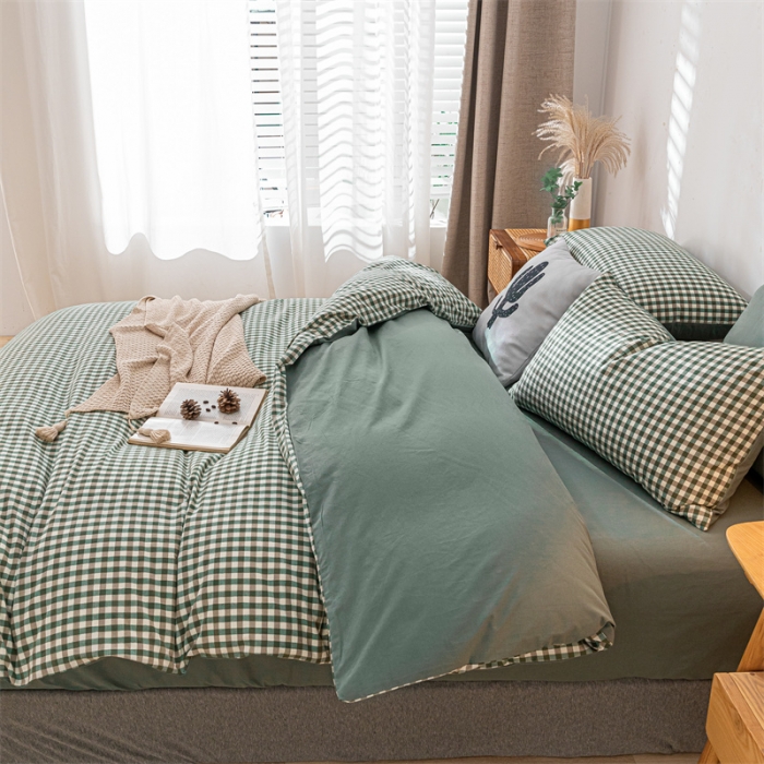 91家纺网 家纺一手货源 找家纺 蓝巢家纺 2021新款全棉色织水洗棉单被套 绿小格