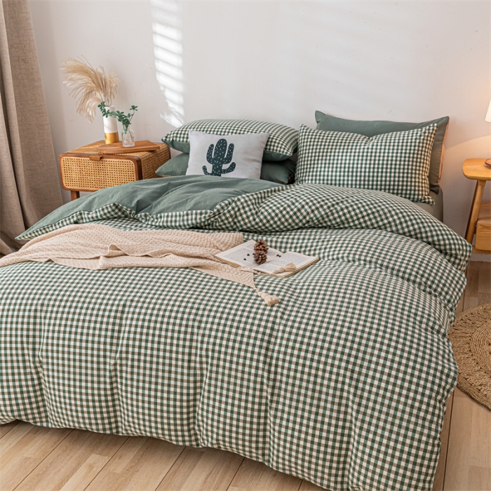 91家纺网 家纺一手货源 找家纺 蓝巢家纺 2021新款全棉色织水洗棉单被套 绿小格