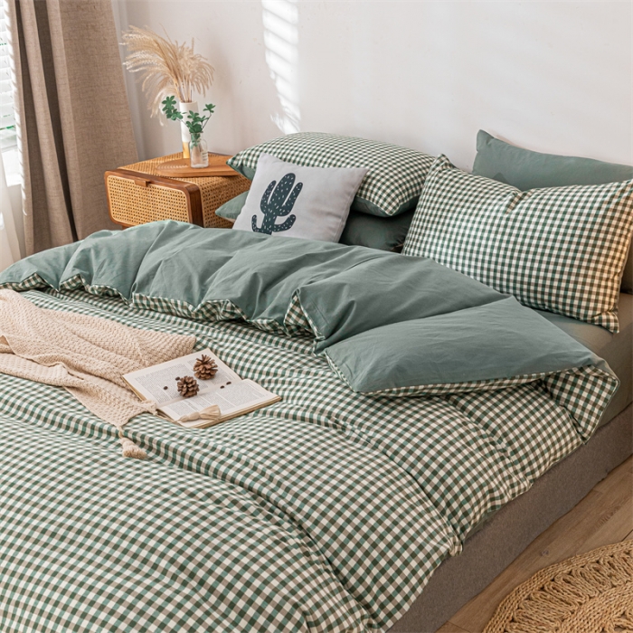 91家纺网 家纺一手货源 找家纺 蓝巢家纺 2021新款全棉色织水洗棉单被套 绿小格