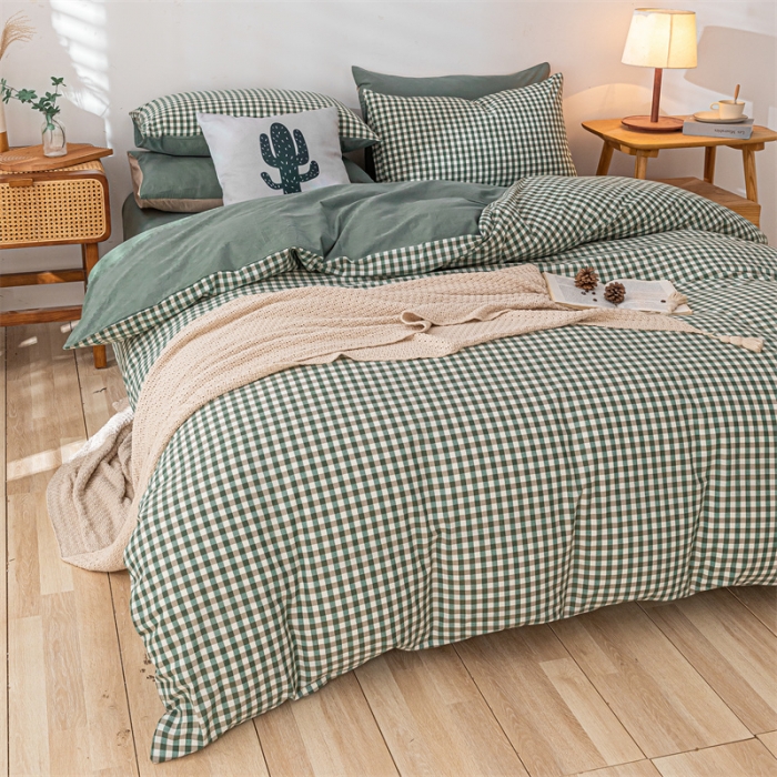 91家纺网 家纺一手货源 找家纺 蓝巢家纺 2021新款全棉色织水洗棉单被套 绿小格