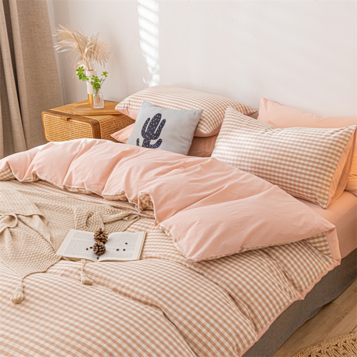 91家纺网 家纺一手货源 找家纺 蓝巢家纺 2021新款全棉色织水洗棉单被套 蜜粉格