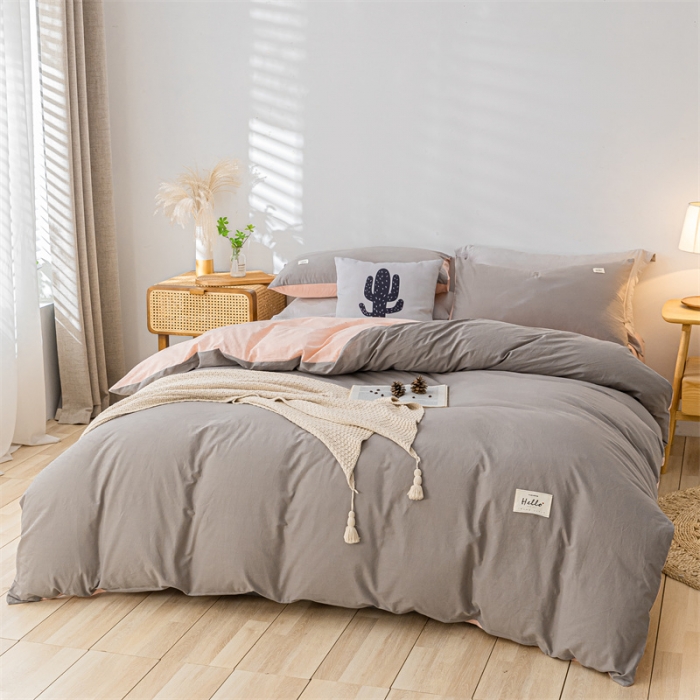 91家纺网 家纺一手货源 找家纺 蓝巢家纺 2021新款全棉色织水洗棉单被套 浅灰粉