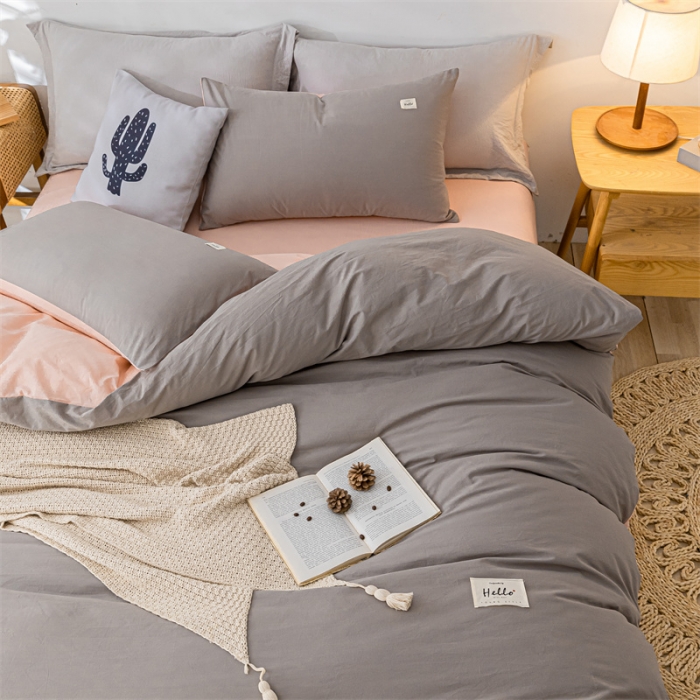 91家纺网 家纺一手货源 找家纺 蓝巢家纺 2021新款全棉色织水洗棉单被套 浅灰粉