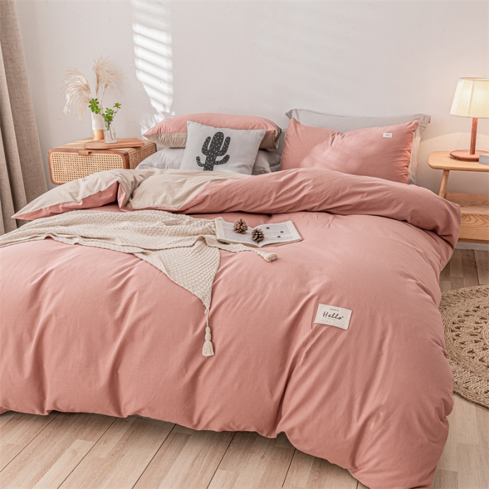 91家纺网 家纺一手货源 找家纺 蓝巢家纺 2021新款全棉色织水洗棉单被套 珊瑚红卡其