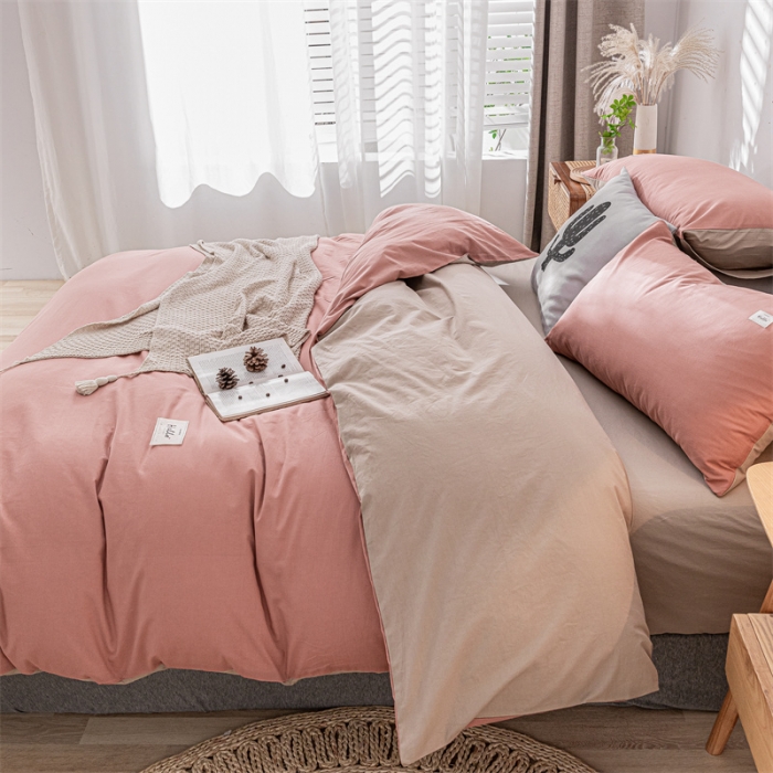 91家纺网 家纺一手货源 找家纺 蓝巢家纺 2021新款全棉色织水洗棉单被套 珊瑚红卡其