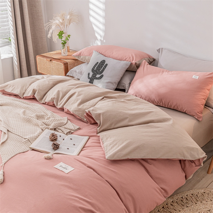 91家纺网 家纺一手货源 找家纺 蓝巢家纺 2021新款全棉色织水洗棉单被套 珊瑚红卡其