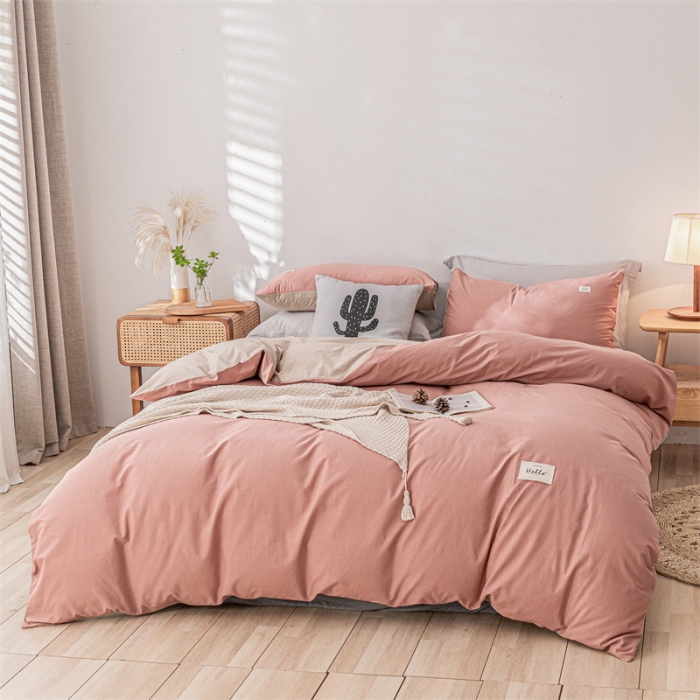 91家纺网 家纺一手货源 找家纺 蓝巢家纺 2021新款全棉色织水洗棉单被套 珊瑚红卡其