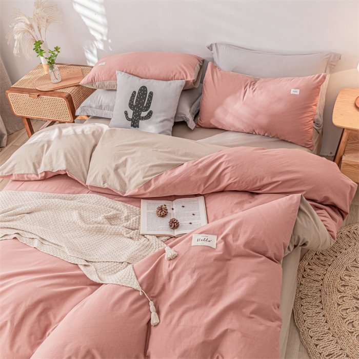 91家纺网 家纺一手货源 找家纺 蓝巢家纺 2021新款全棉色织水洗棉单被套 珊瑚红卡其