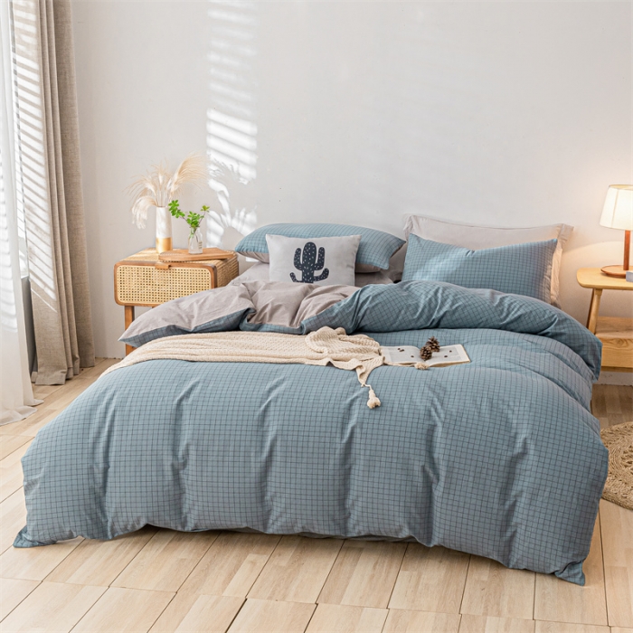 91家纺网 家纺一手货源 找家纺 蓝巢家纺 2021新款全棉色织水洗棉单被套 雾蓝小格